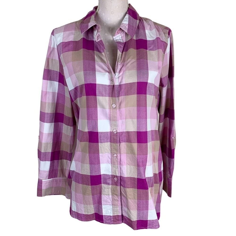 Tyler Boe Button Down Women Size M Pink Plaid Cotton Roll Tab Long Sleeve Shirt